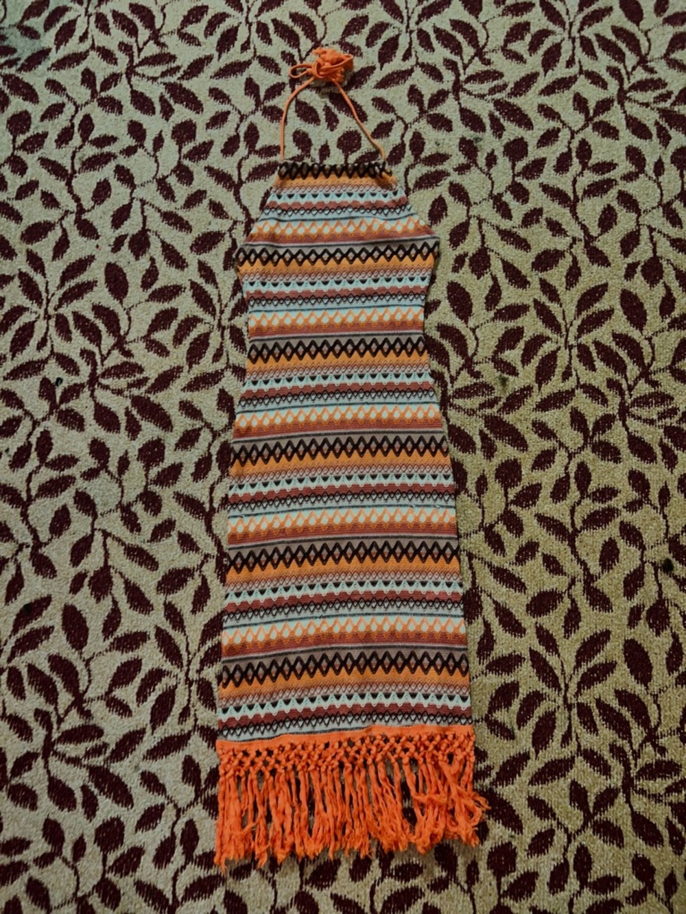Striped Knit Halter Dress with Fringe - Orange, Black, White